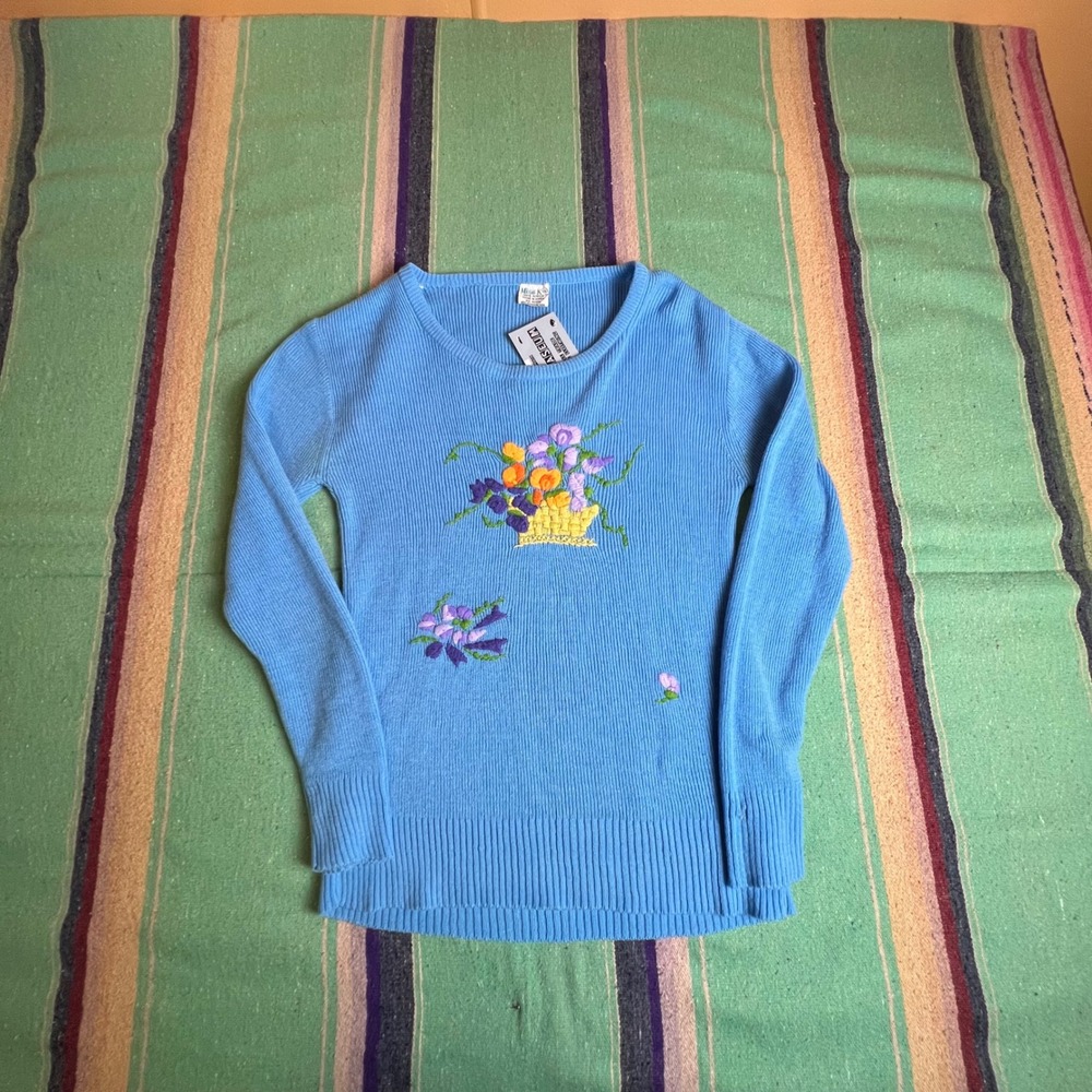Embroidered Sweater Women S Blue Ribbed Floral Knit Vintage 70s Korea